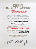 Ehrenurkunde Betriebs-Jubiläum 25 Jahre